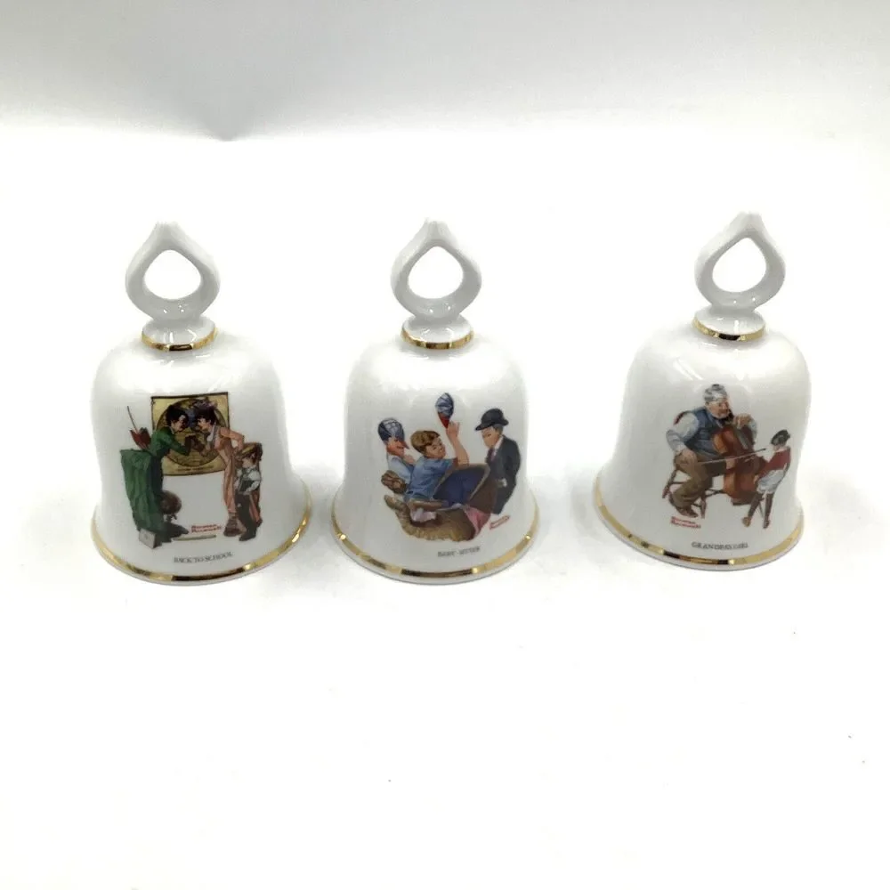 3 Bell Norman Rockwell Danbury Mint 1979 Bell Grandpas Girl Baby Sitter School‎